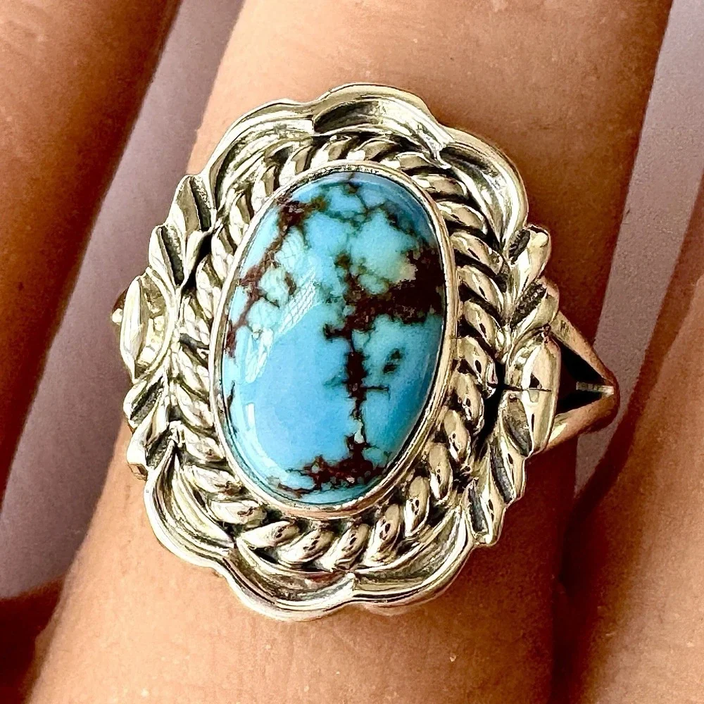 Navajo Blue Golden Hills Turquoise Ring Sz 7 Signed V Chee Sterling Native